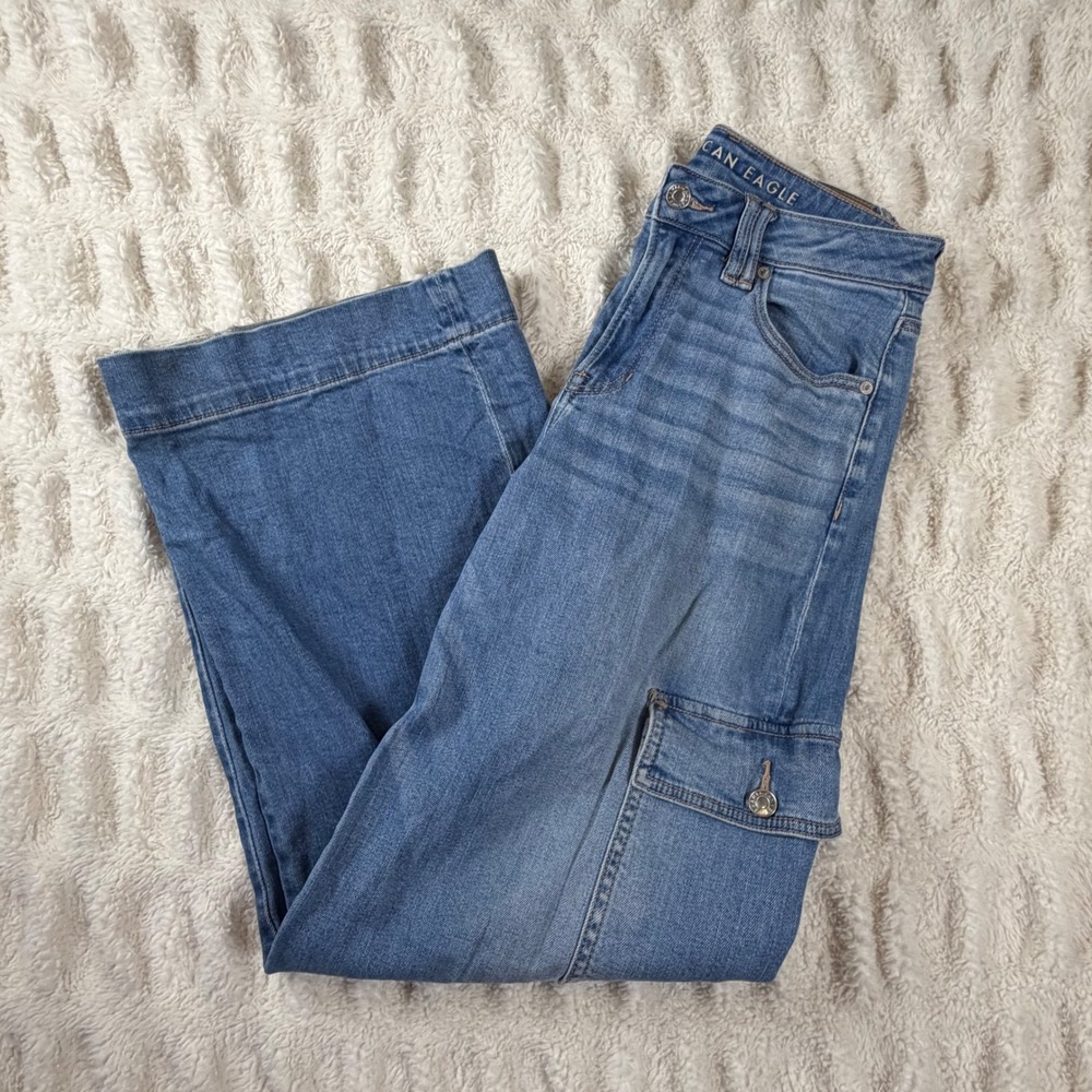 American Eagle Super High Rise Baggy Wide Leg Cargo Jeans Blue 4 Regular